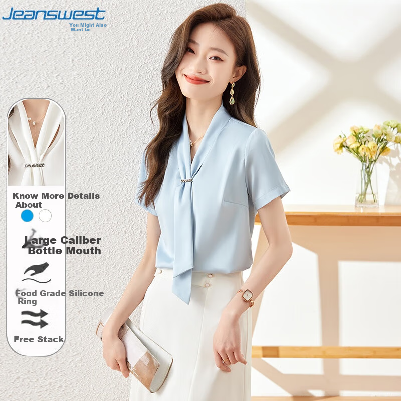 Jeanswest Women's Shirt, Summer Fashion Chiffon Versatile Casual Short-Sleeve V-Neck Tie-Up Top, White, XL