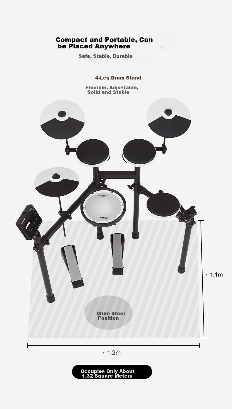 Roland TD-02KV Entry-Level Electronic Drum Set TD02KV (Five Drums Three Cymbals) Official Package with Drum Stool And Headphones Gift Set 7
