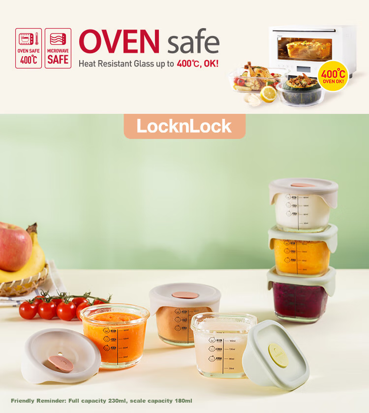 LOCK&LOCK Baby Food Container Set, Heat-Resistant Glass Baby Food Bowl, Steaming, Boiling, Freezing And Storage Container, Green, 215ML*3 1