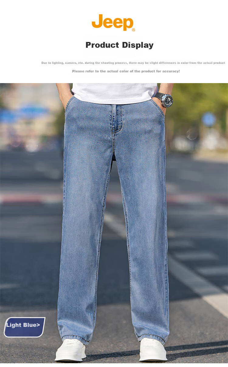 JEEP Men's Jeans, Summer Ice Silk Thin Loose Straight-Leg Pants, Trendy Casual Trousers for Men, Light Blue, Size 29 3