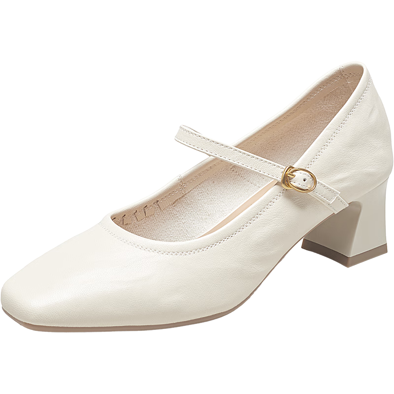 Eierkang Women's Retro Mary Jane Shoes Single Strap Chunky Heel Pumps Shallow High Heels 27561W Off-White Size 38