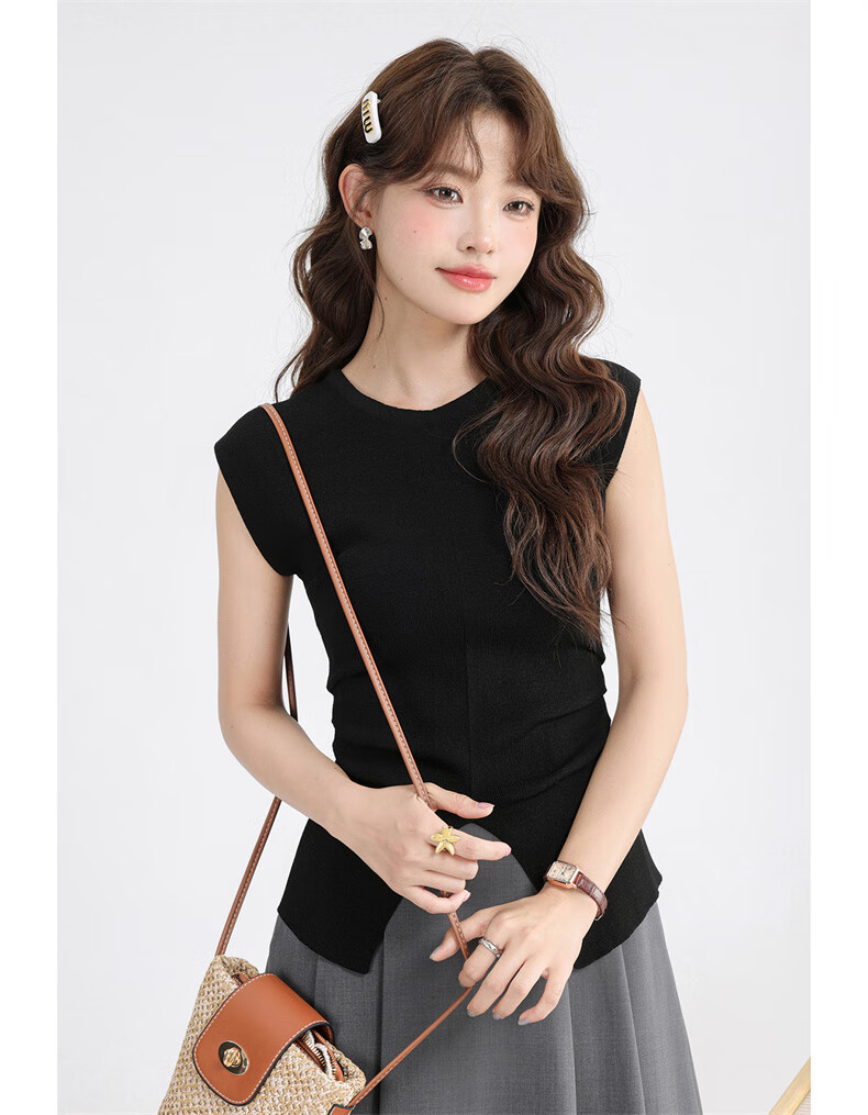 Jeanswest Women's Summer V-Neck Sleeveless Solid Color Pleated Waist-Slimming Split Top Black One Size 9