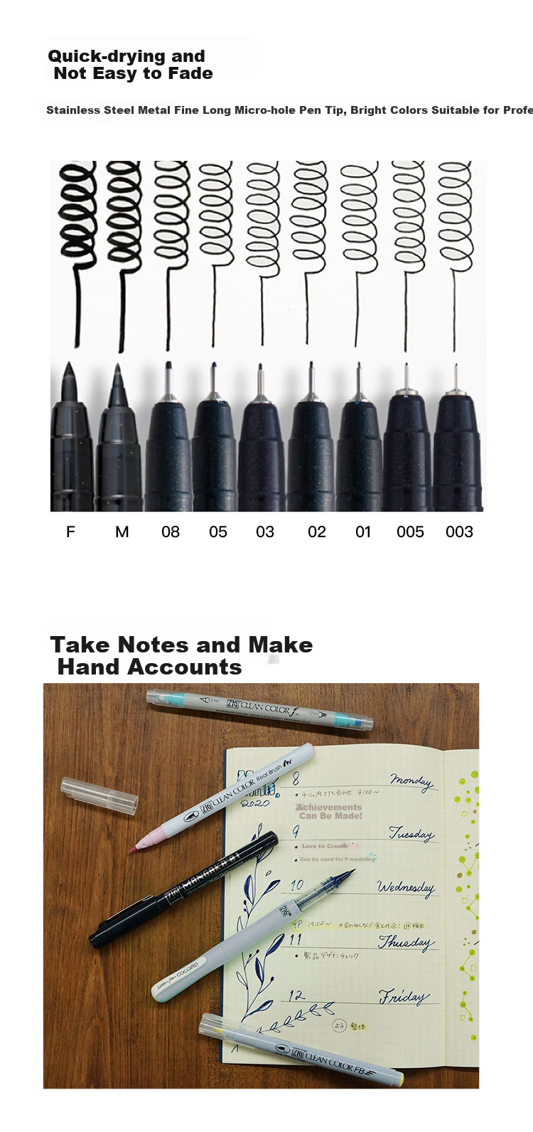 KURETAKE Imported Waterproof Alcohol-Resistant Fine Line Pen, Signature Pen, Drawing Pen, Ink Pen, Comic Design Art Exam Pen, Black 02 Needle Tip Pen CNM-02 4