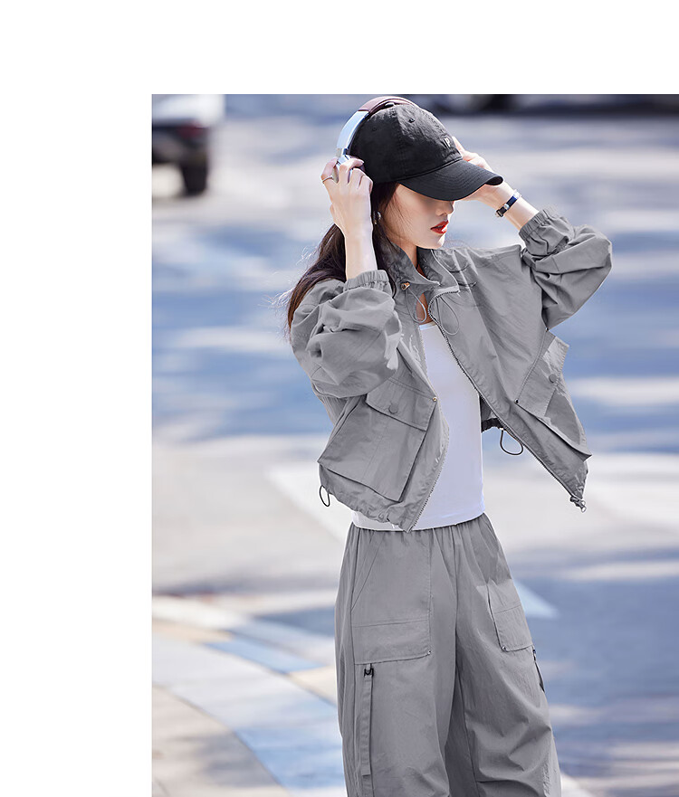 Awakening Paradise 26 Spring New Stand Collar Drawstring Jacket High Waist Cargo Jogger Lightweight Casual Set Navy Blue S 16