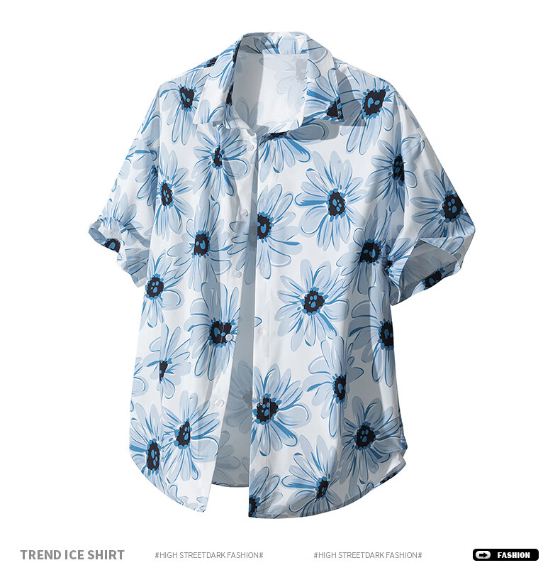 CLOR American Style Ice Silk Shirt Men's Spring and Autumn Printed Short Sleeve Loose Jacket CLCX11 Blue Rhythm Baby Flower 3XL 9