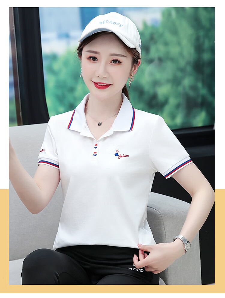 Woodpecker Women's Pure Cotton Short Sleeve T-Shirt Summer Printed Slim Fit Shoulder Polo Shirt Red XL 12