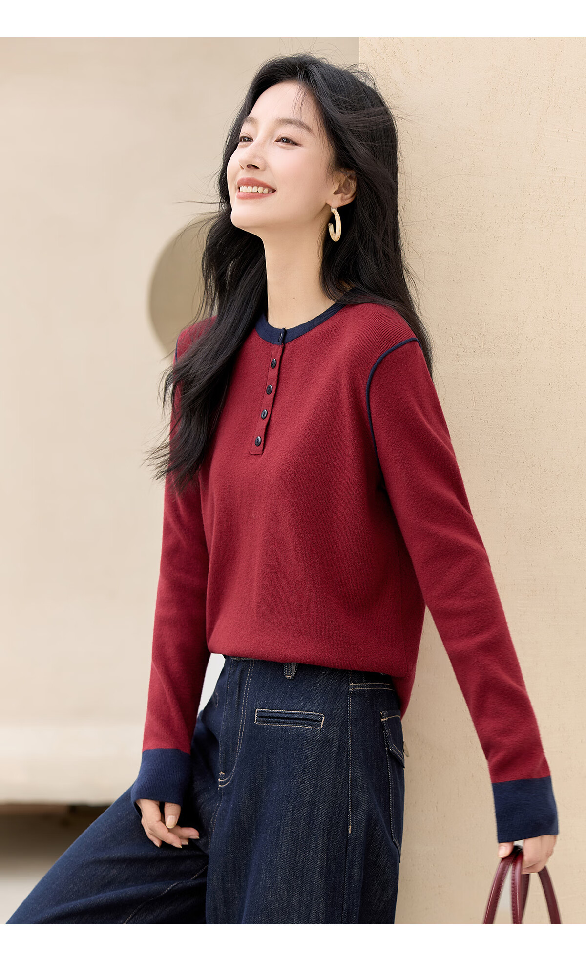 Chushen Spring Autumn Women's Knitwear Fashion Color-Block Round Neck Sweater Base Shirt S53Z030 11