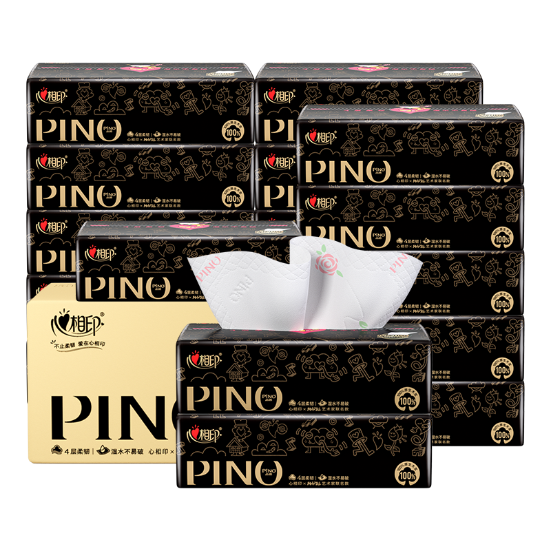 Mind Act Upon Mind Facial Tissues, Pino, 4-Ply 80 Sheets*18 Packs Extra Large M Size Rose Print, New And Old Packaging Randomly Shipped, Toilet Paper