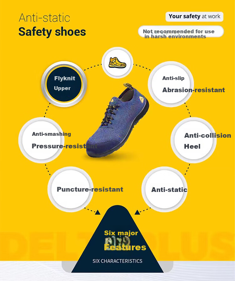DELTA PLUS 301236 Safety Shoes, Anti-Static, Puncture-Resistant, Steel Toe, Non-Slip, Breathable Work Boots, Blue And Yellow, Size 40 3