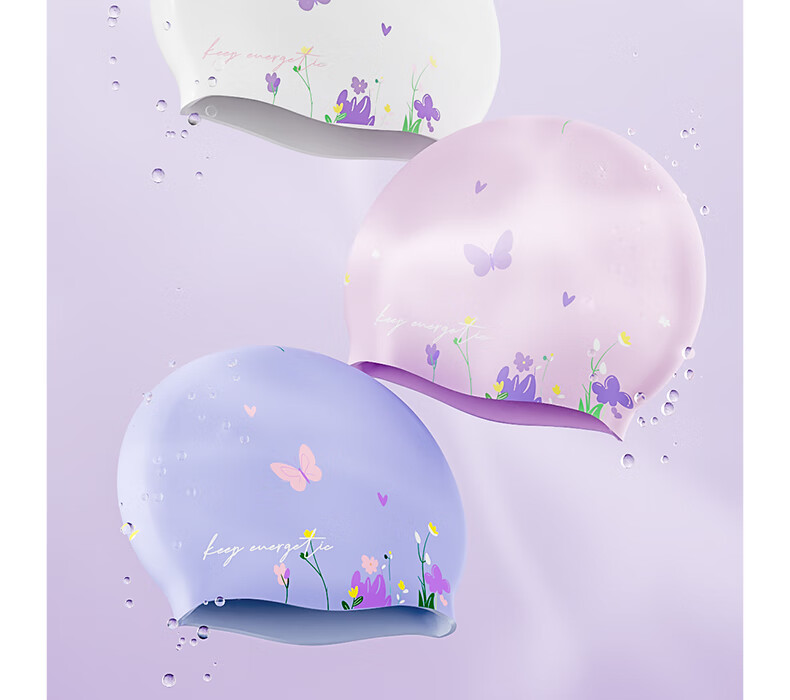 Keep Unisex Printed Silicone Waterproof Swim Cap High Elastic Large Adult Hat 055 Butterfly Love White 19