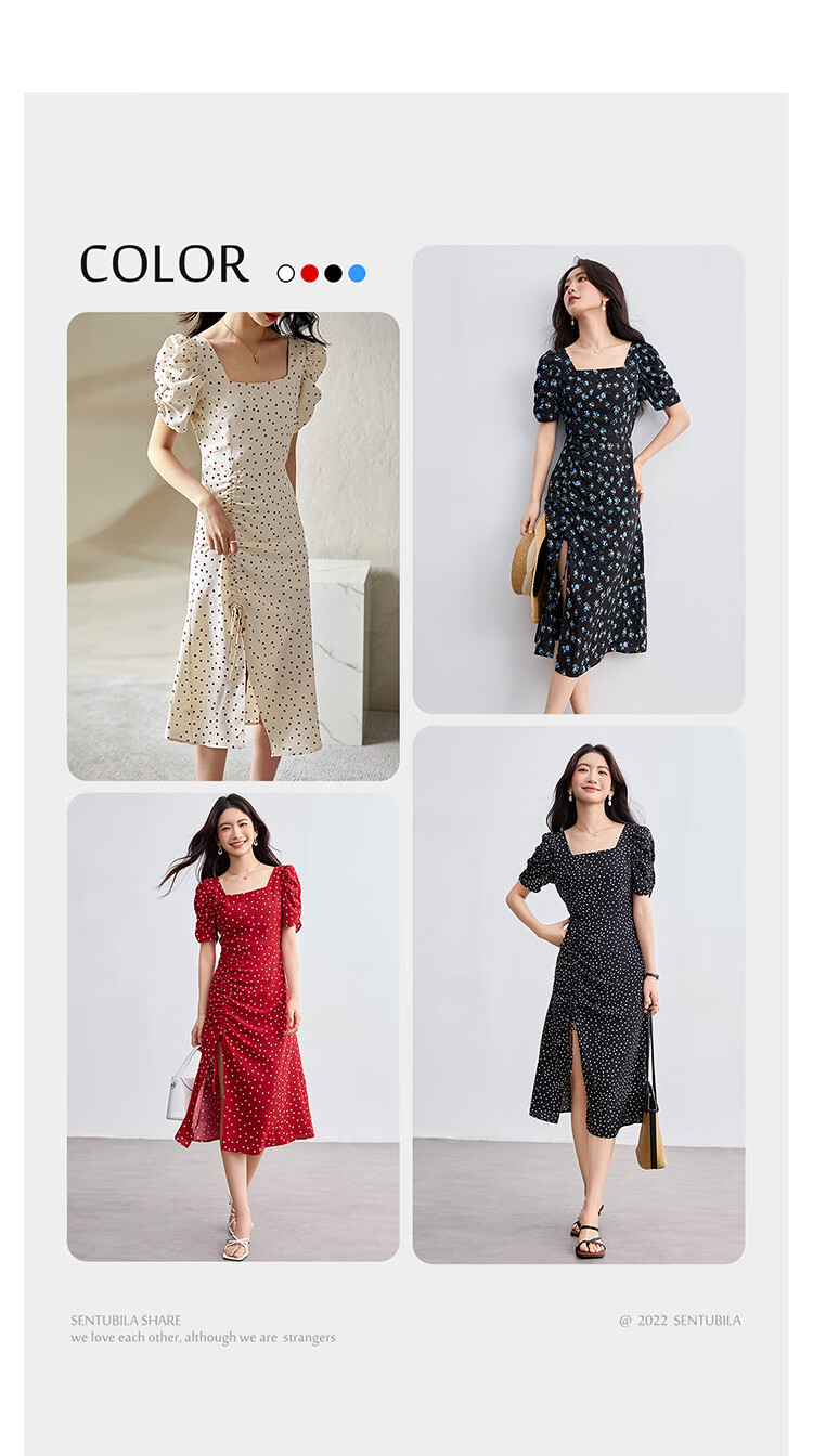 Sentubila French-Style Dress for Women, Summer Square Neckline, Ruched Sleeves, Vintage Polka Dot, Pleated Slit A-Line Skirt 8