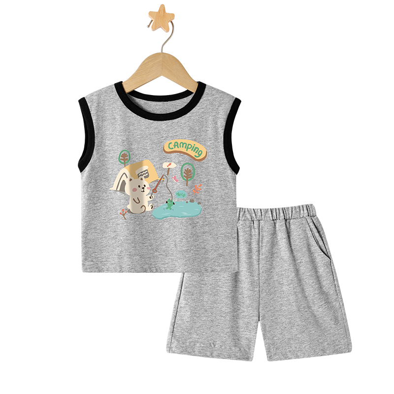 Badibadi Summer Baby Toddler Cotton Set Sleeveless Vest Shorts Unisex Baby Light Gray Cat Fishing 110