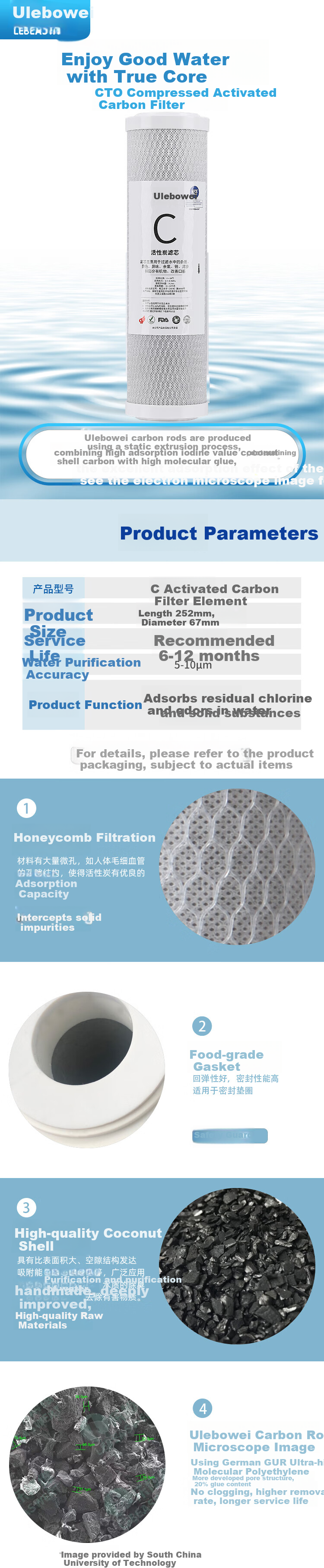 Lebeaswert Water Purifier Filter Cartridge Compatible with Various Home Water Filtration Systems, 10-Inch UDF Granular Carbon Pure Water Machine Activated Carbon Filter Cartridge Universal Water Purifier Filter Accessory, Pack of 2 1
