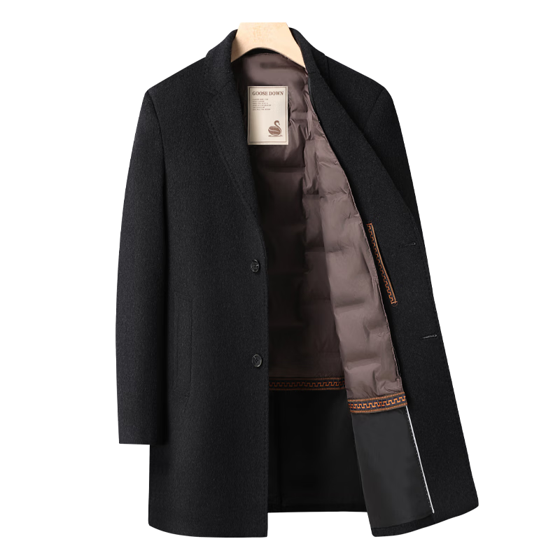 ROMON Men's Mid-Length Wool Cashmere Coat with Removable Goose Down Liner, Slim Fit, Autumn Winter
