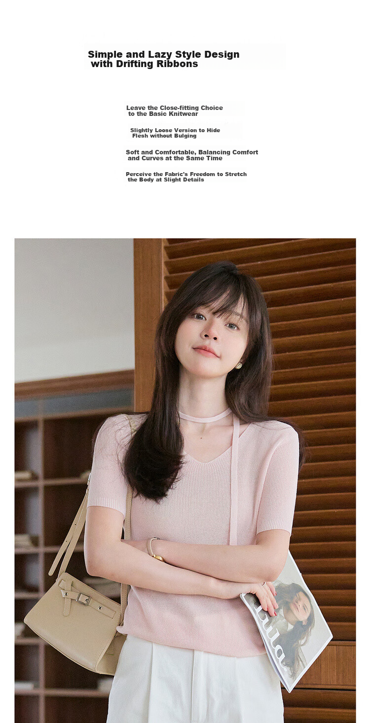 Mt [Zhi Zhi Fen Li] Summer Elegant Ribbon Round Neck Short-Sleeve Sweater, High Elasticity Comfortable Concealing Knit Top for Wome 1