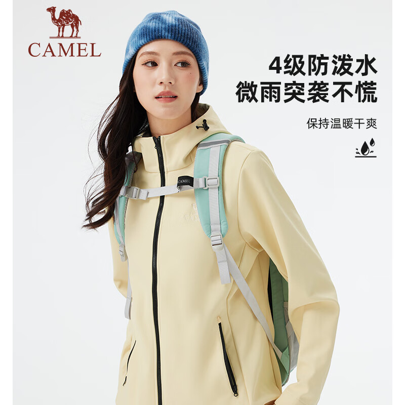 CAMEL Outdoor Softshell Jacket Women 2025 New Spring Autumn Fleece Windproof Hooded Warm Jacket Men M