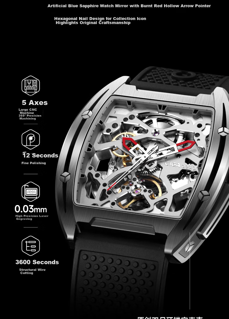 CIGA Design Jijia Fengmang Series Mechanical Wristwatch, Fully Skeletonized Barrel-Shaped Watch, Trendy Men's Watch, Birthday Gift 4