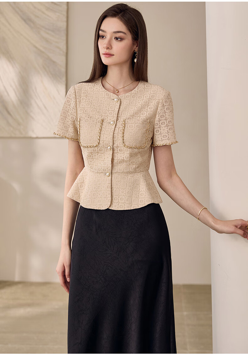 ROEYSHOUSE Lace Waist-Cinching Short Jacket for Women Summer Elegant Slim Ruffle Hem Top 11908 Apricot M 4