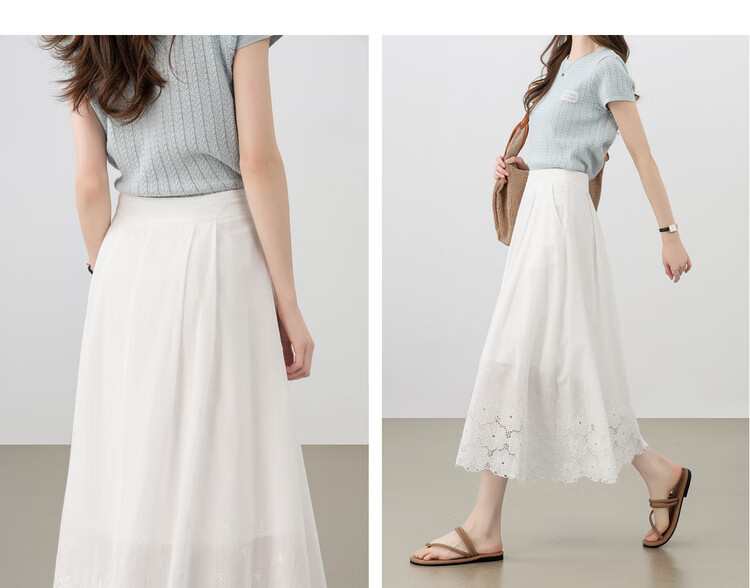 Shangdu Bila Pure Cotton High-Waist Hollow Embroidered White A-Line Midi Skirt for Women Summer Vacation Slim Fit Skirt 19