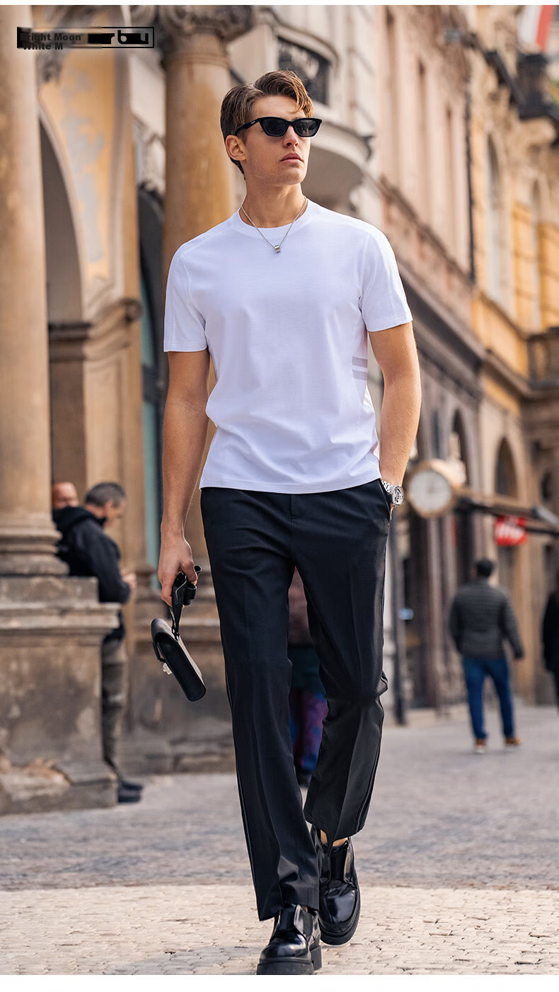 Mr.Bu Fashion Round Neck Striped Patchwork Design T-Shirt for Men, Summer Pure Cotton Short-Sleeve Top, Bright Moon White, 2XL (185) 8