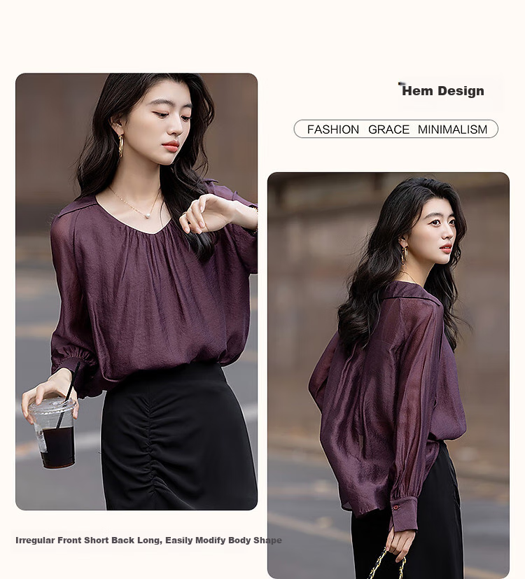 Dme [Monet Purple Series] Autumn Wrinkled Shiny Silk Blouse, Pleated V-Neck Short Front Long Back Shirt, Women's Top 5