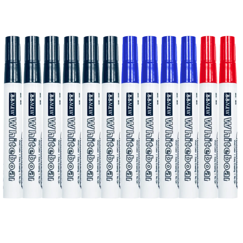 BBNEW Whiteboard Markers for Office Meetings, Erasable, Easy to Erase, 12 Pcs/box, 6 Black + 4 Blue + 2 Red, Three-Color Water-Based Whiteboard Markers BBNEW -B
