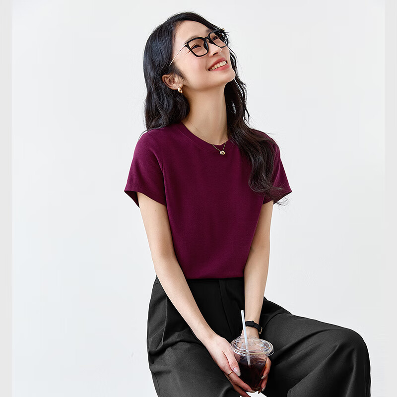 Vimly Dopamine Color Short-Sleeve T-Shirt for Women, Summer New Style Versatile Round Neck Loose Base Top, Dark Burgundy, S