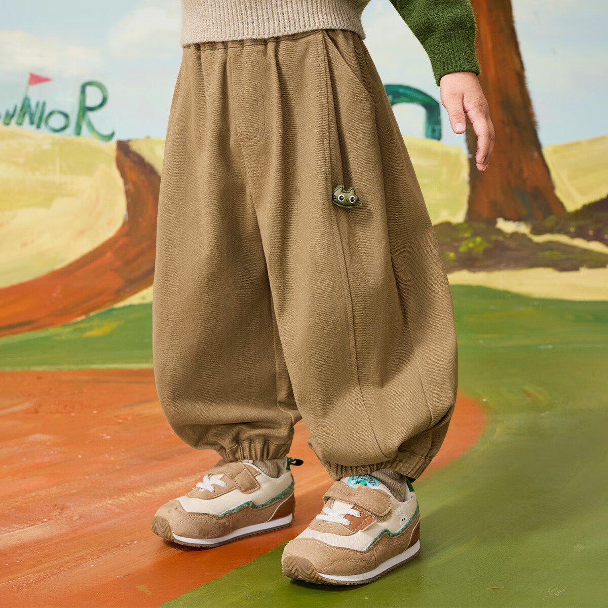 ASK JUNIOR Kids Pants Spring Toddler Solid Color Sports Pants Boys Brushed Casual Skin-friendly Long Pants Dark Khaki Size 90