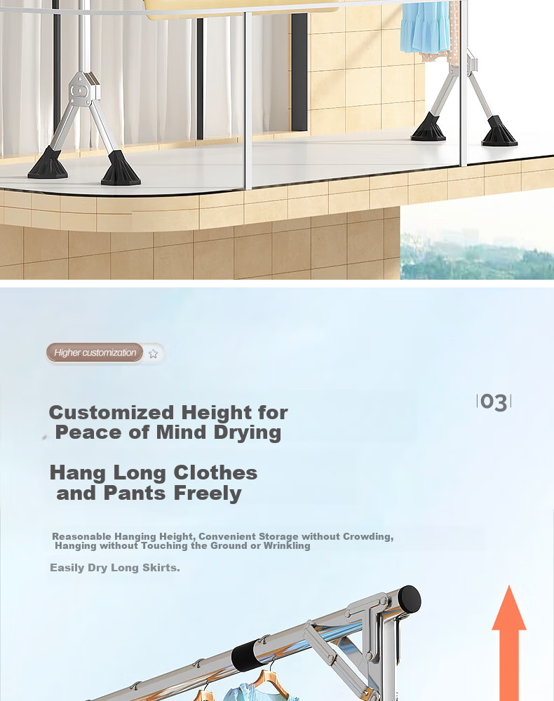 Shengnuoyilin Folding Clothes Drying Rack, Floor-Standing Home Use Stainless Steel Single Pole Balcony Quilt Hanger, Height Adjustable Extendable Model 1.6m 5