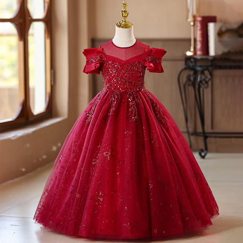 LUOBOBEIBEI Princess Dress Girls Puffy Tulle Dress Children's Formal Wedding Dress Little Girl Piano Performance Dress Red 120