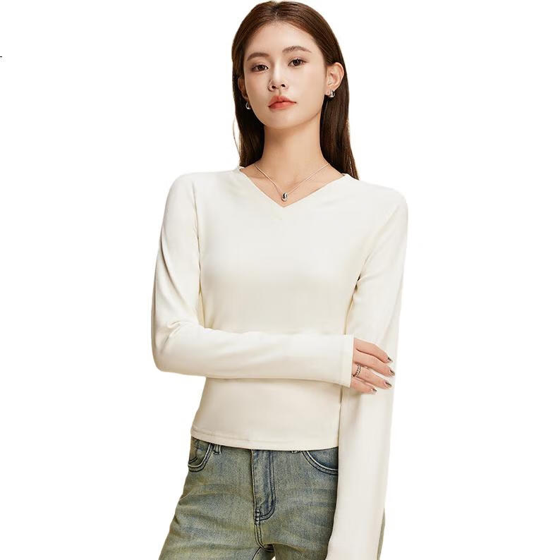 Ordifen Women's Base Layer, Fashionable V-Neck Seamless Inner Wear, Waist-Cinching Slimming Autumn And Winter Soft Brushed Long-Sleeve T-Shirt, White M