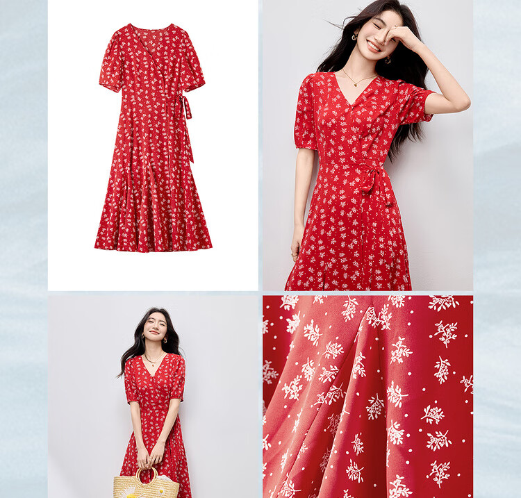 Sentubila Elegant Vacation Style V-Neck Dress for Women Summer Lantern Sleeve High Waist Floral Mermaid Slimming Mid-Length Dress 7