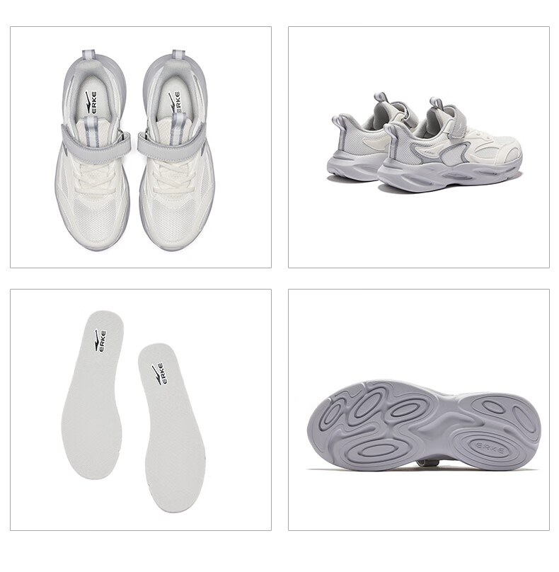 ERKE Children's Casual Shoes for Boys And Girls, Big Kids Leather Upper Mesh Running Shoes, Micro-Crystal White/misty Gray, Size 40 14