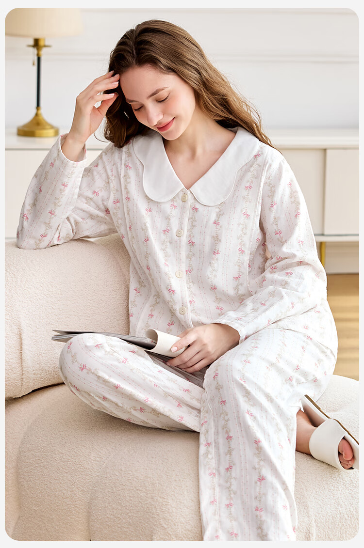 Ying's Maternity Postpartum Set Autumn New 10A Antibacterial Double-Layer Cotton Gauze Nursing Pajamas Homewear Pink M 22