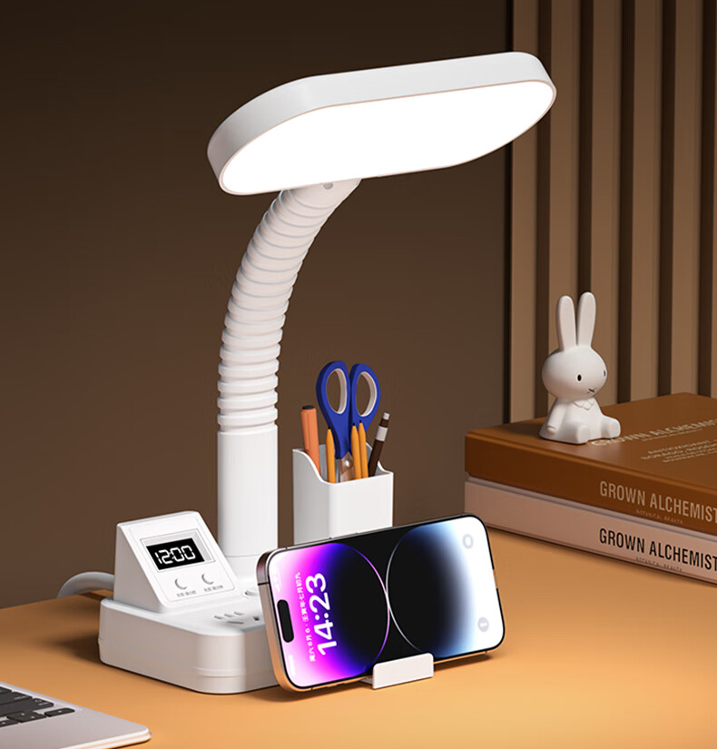 Sushiermo Pen Holder 3-in-1 LED Desk Lamp + Power Outlet + Digital Clock Student Desk Lamp 3-Socket 1.8m Cord Suitable for Dormitory Study Room Bedroom 7