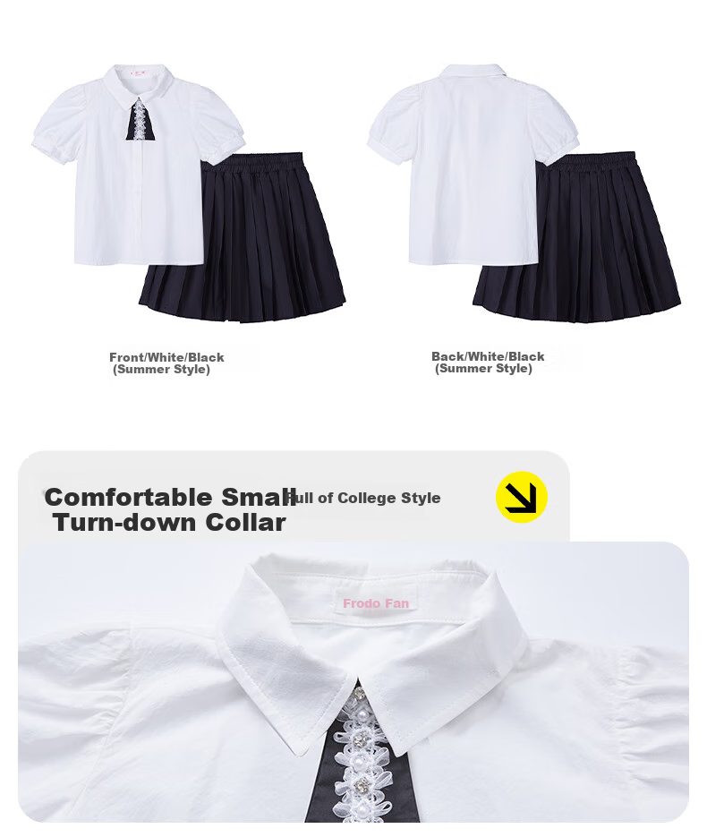Follow Me Girls' Summer Outfit Set: Academic Style Shirt Short-Sleeve Top JK Pleated Skirt Two-Piece Set White/black 150 3