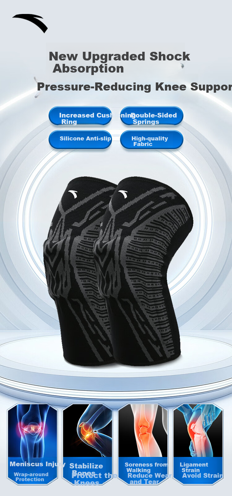ANTA Sports Knee Brace for Basketball, Running, Badminton, Lightweight Breathable Meniscus Ligament Protective Gear, Gray, Size M, Single Pack 1
