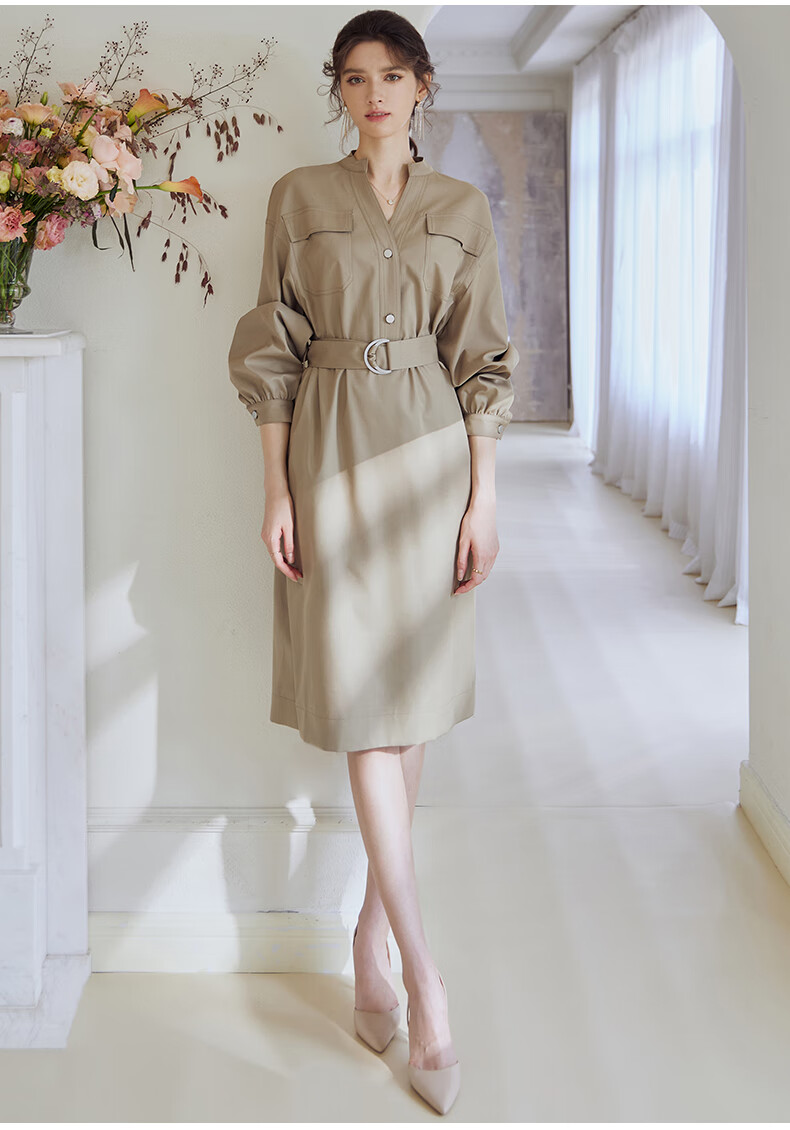 ROEYSHOUSE Waist-Cinching Commuter Dress, 2026 Autumn Collection, Elegant Tie-Waist Midi Skirt 07245, Khaki Green, Size S 2