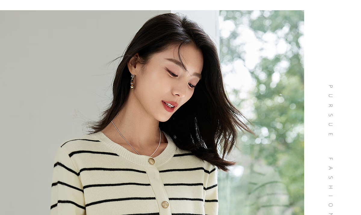 Chushen Spring And Autumn Knitted Cardigan for Women, Versatile Round Neck Fashionable Striped Curved Hem Sweater Jacket Top S143Z1032 8