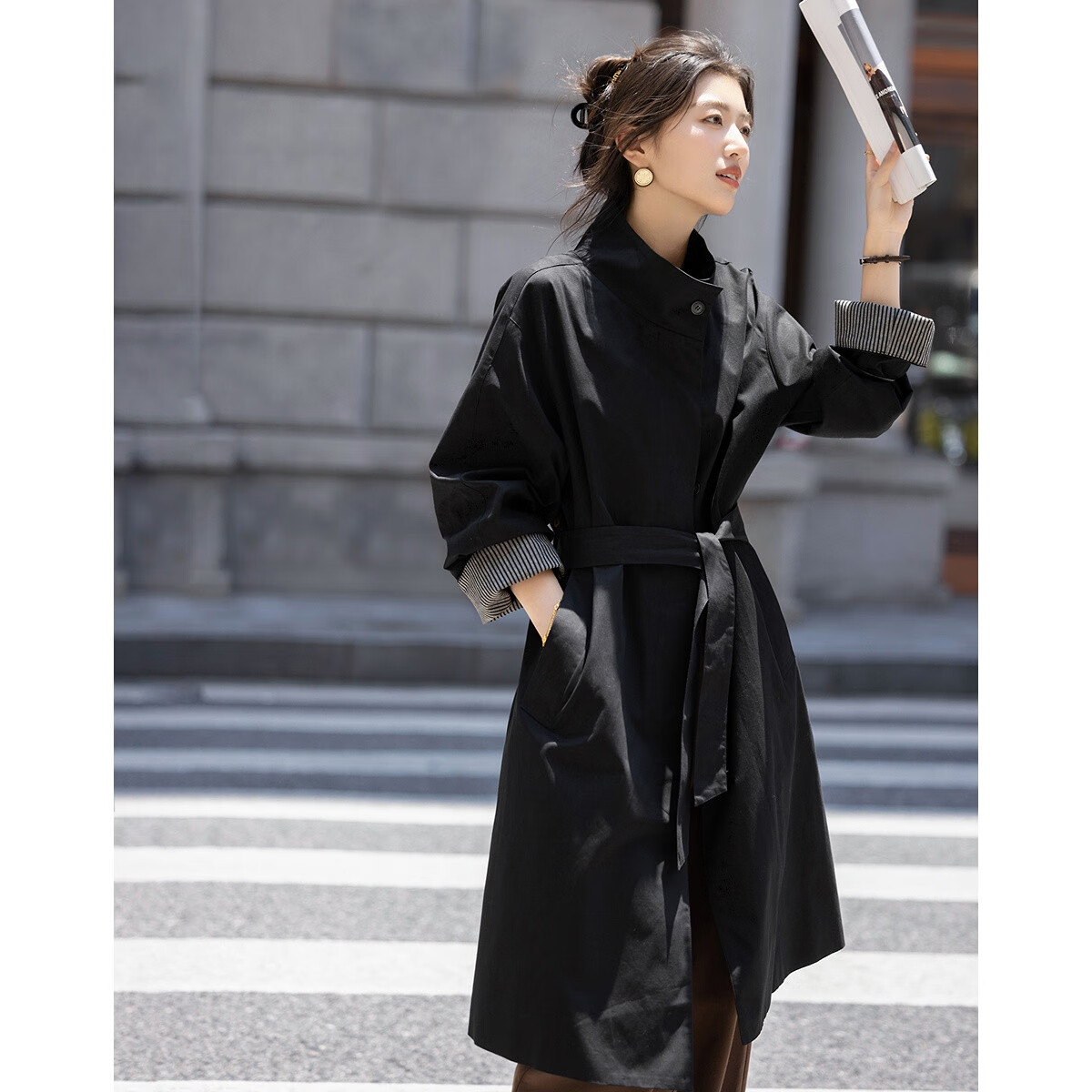 Dme Cotton Brushed Autumn Minimalist Stand Collar Drop Shoulder Striped Patchwork Petite Elegant Women's Trench Coat