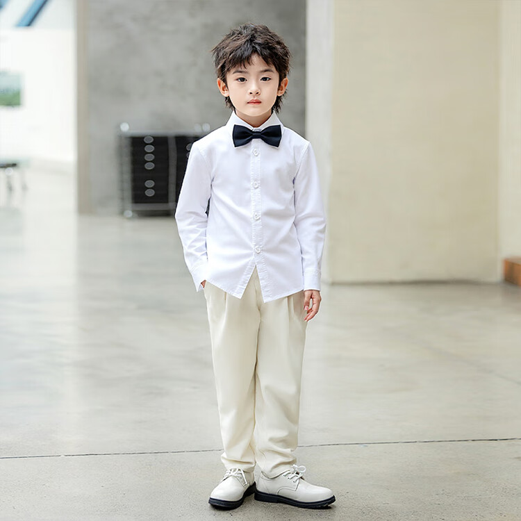 LUOBOBEIBEI Children's White Long Sleeve Shirt Boys Suit Shirt Bow Tie Host Piano Performance Outfit L1Y1 140 3