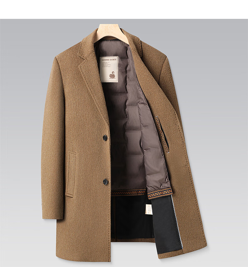ROMON Men's Mid-Length Wool Cashmere Coat with Removable Goose Down Liner, Slim Fit, Autumn Winter 14