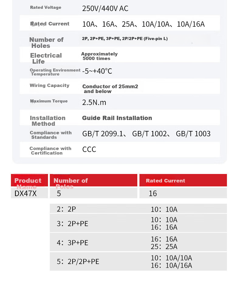DELIXI ELECTRIC DIN Rail Socket DZ47X Modular Five-Hole Socket Single-Phase Two-Pole 10A + Single-Phase Two-Pole with Ground 10A 7