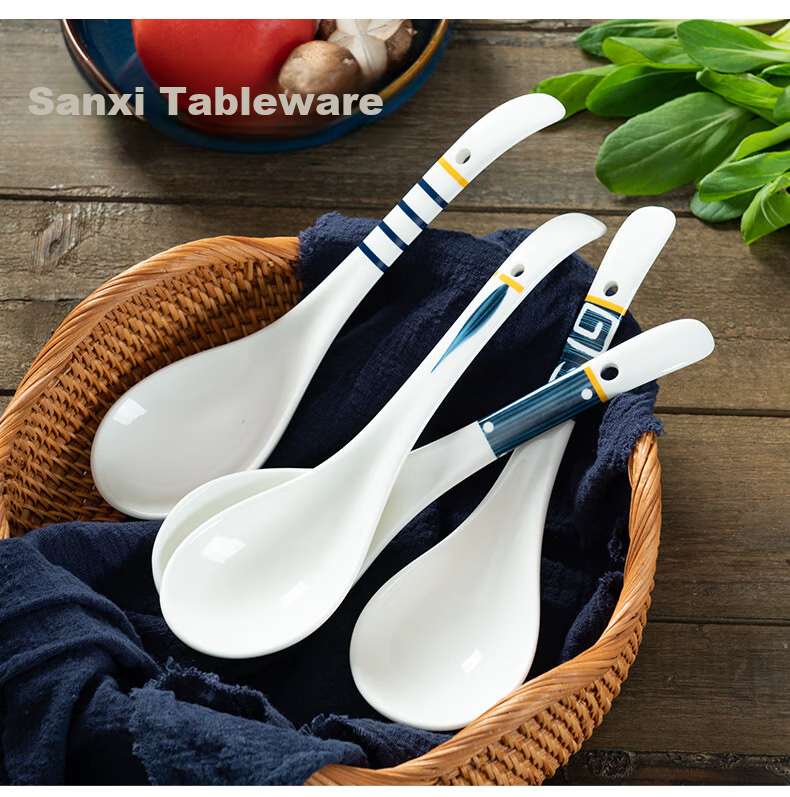 Onlycook Ceramic Soup Ladle And Rice Spoon, Large Dining Spoon Ceramic Tableware, Soup Spatula with Hole for Hanging, White Fruit Green Large Size 2