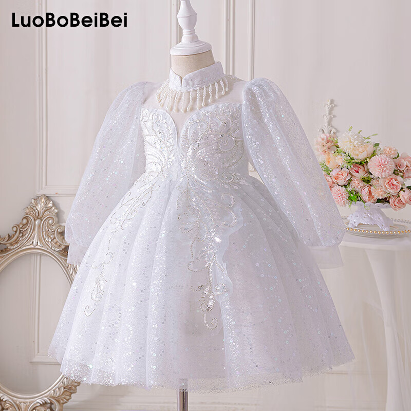 LUOBOBEIBEI Children's Princess Dress, Spring And Summer Puffy Skirt, Stylish Formal Dress, Girls' Wedding And New Year's Outfit, White, Size 120
