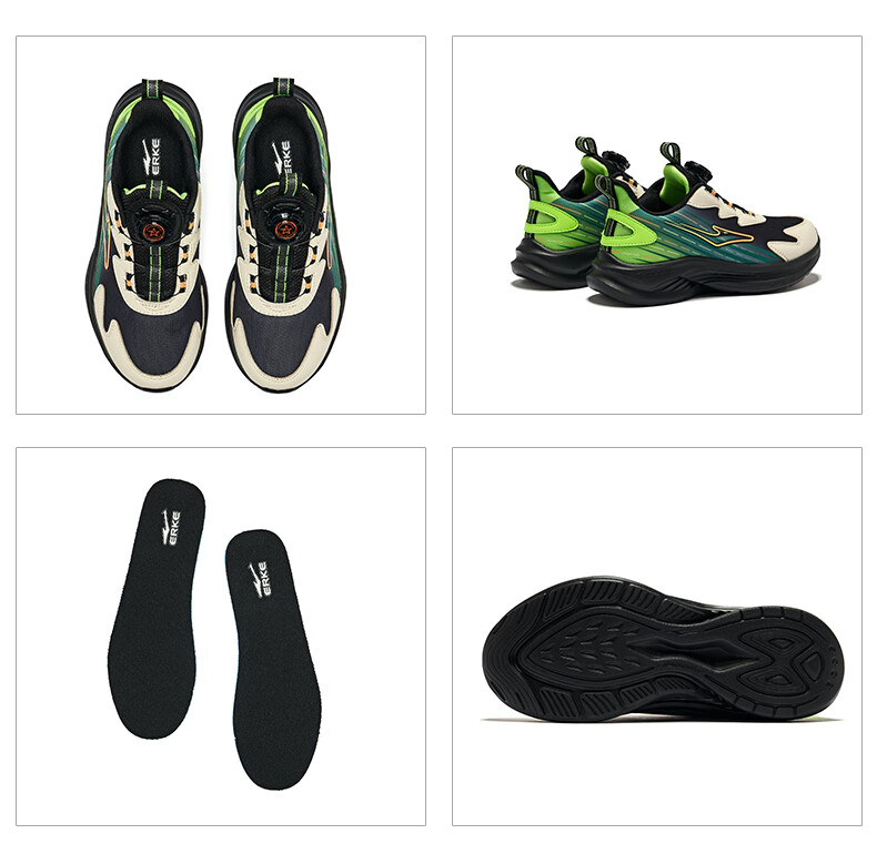 ERKE Children's Shoes, Big And Small Kids Running Shoes, Children's Rotary Buckle Sneakers, Yufeng Black/fluorescent Digital Green, Size 40 38