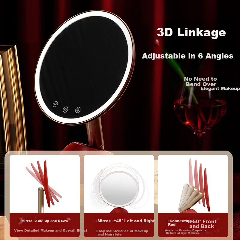 GEVILAN 3D Linkage Makeup Mirror with LED Light, Smart Illumination Beauty Mirror, Desktop Dressing Table High-Definition Lighting Mirror, Gift for Girlfriend, Wife, Best Friend, Birthday Wedding Present M2 Red