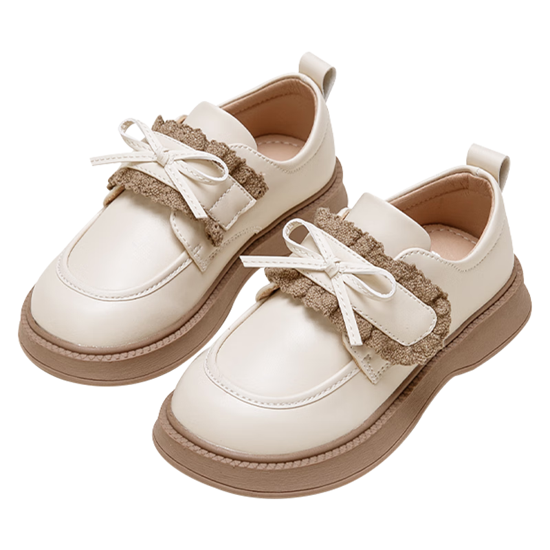 Follow Me Girls' Leather Shoes Spring And Autumn Stylish Versatile Black Flats for Older Children School Performances Dress Shoes Beige 36