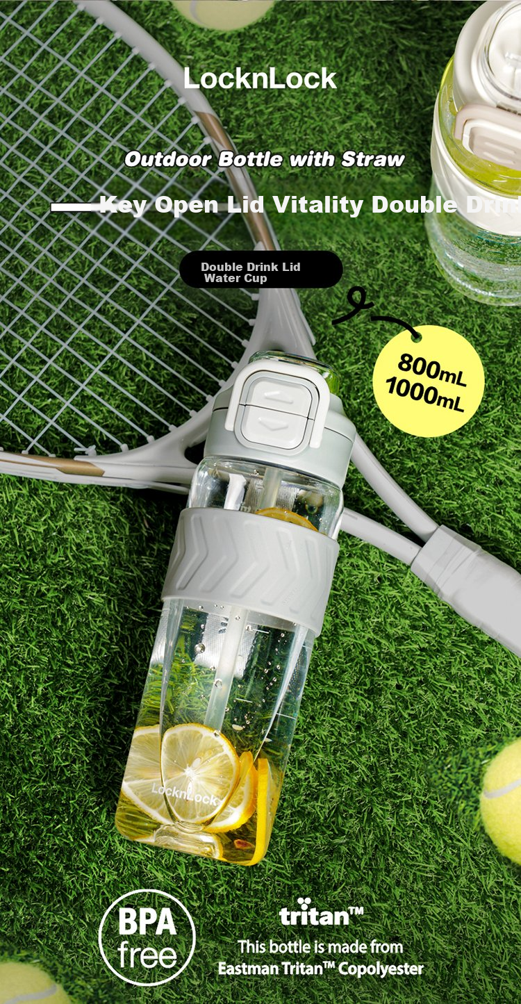 LOCK&LOCK Summer Dual-Drinking Plastic Sports Water Bottle with Straw Handle, Outdoor Portable Water Jug for Men And Women, Beige, 800ml 2