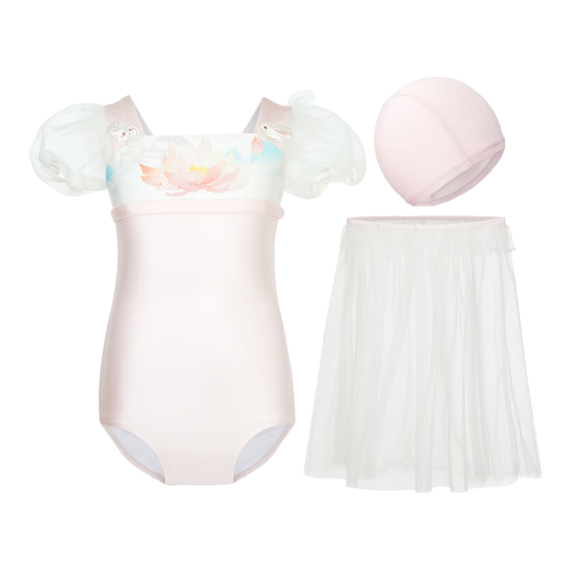 AIMER KIDS Girls' One-Piece Swimsuit Dress for Beach Vacation And Hot Springs, Chlorine-Resistant Class A, Summer Lotus View, Size 130